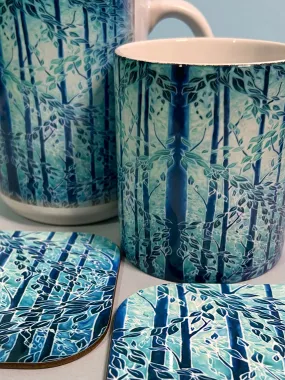 Blue Teal Trees Mug and Coaster - Extra Large & Regular Mug Sizes Woodland Lovers Mug Gift Box Set -