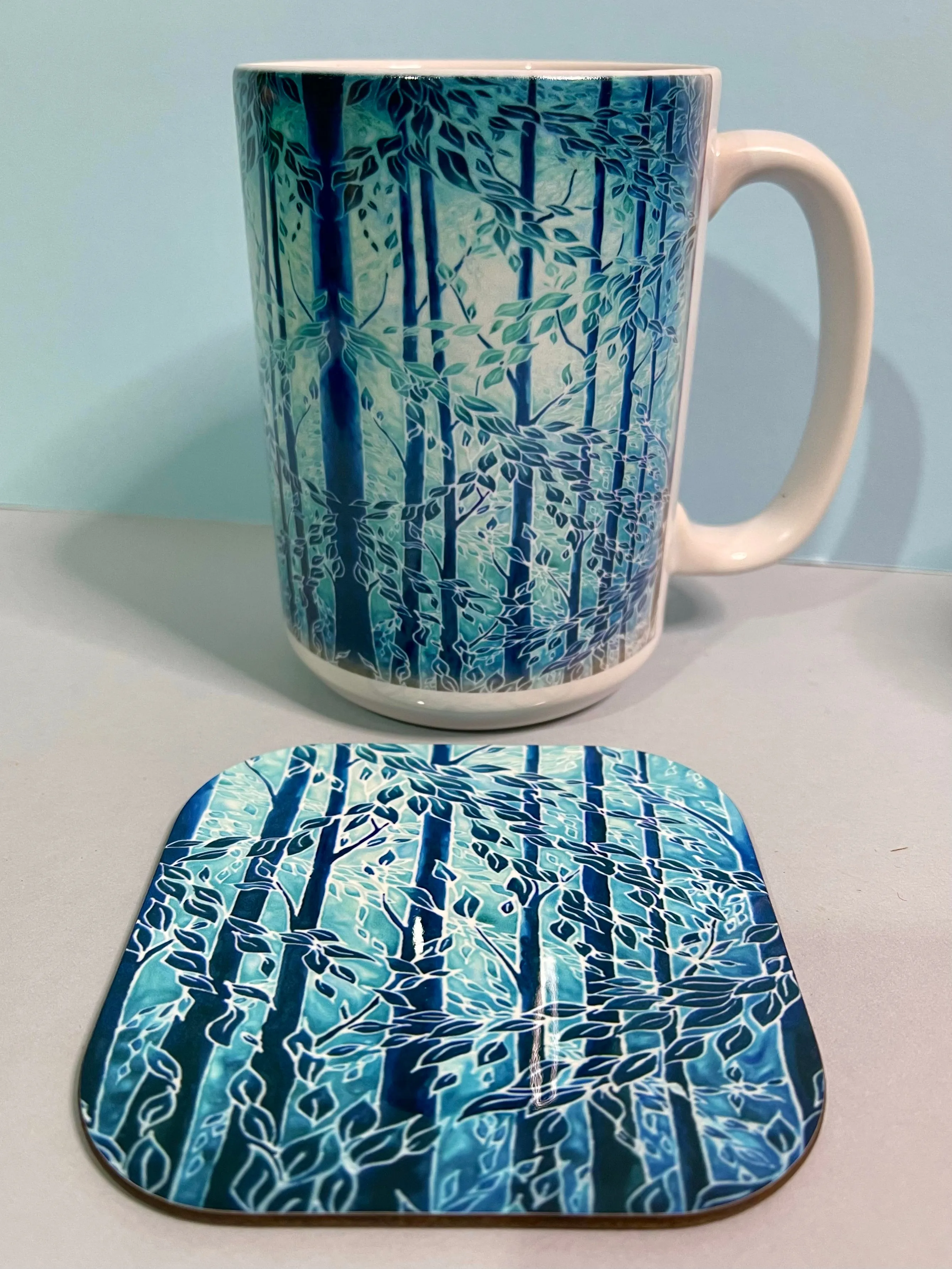 Blue Teal Trees Mug and Coaster - Extra Large & Regular Mug Sizes Woodland Lovers Mug Gift Box Set -