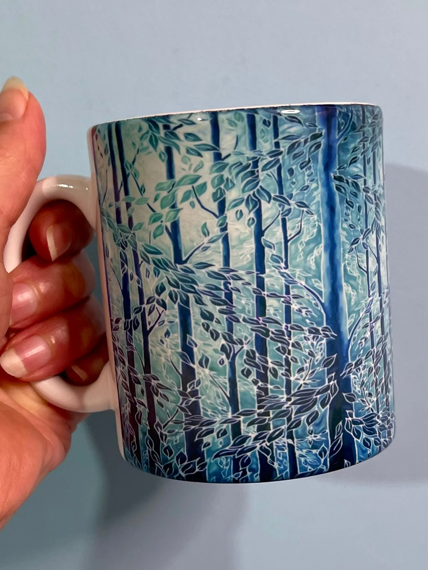 Blue Teal Trees Mug and Coaster - Extra Large & Regular Mug Sizes Woodland Lovers Mug Gift Box Set -