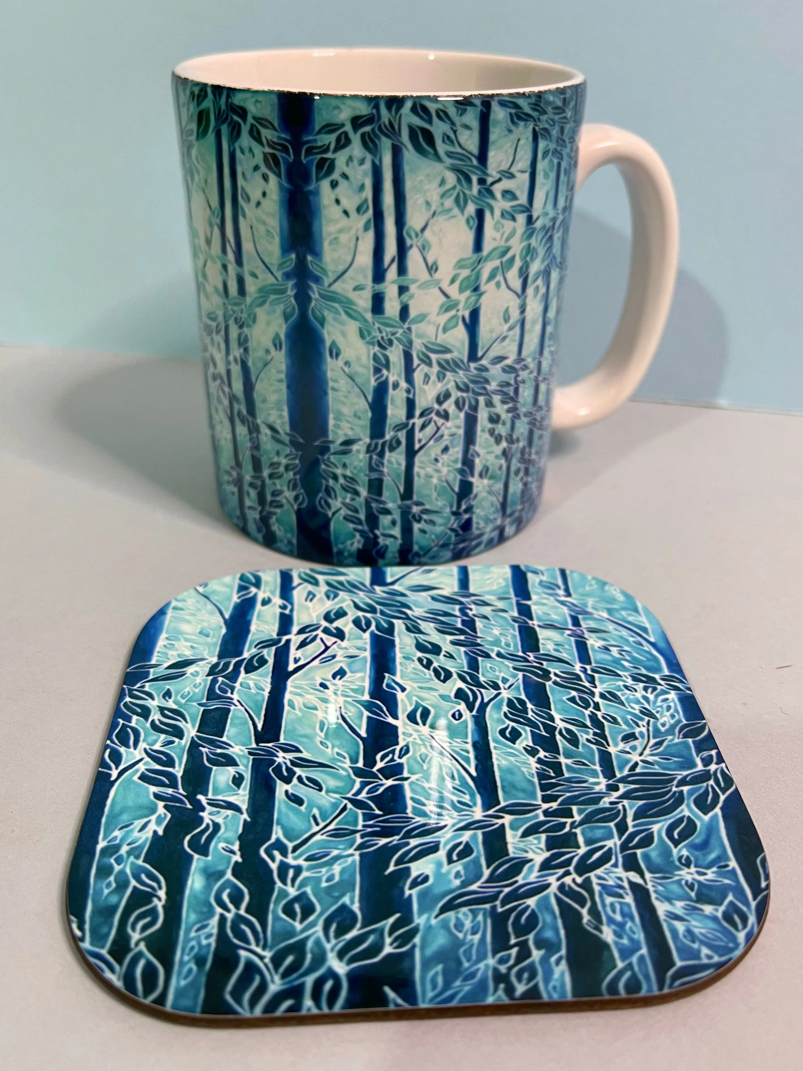 Blue Teal Trees Mug and Coaster - Extra Large & Regular Mug Sizes Woodland Lovers Mug Gift Box Set -