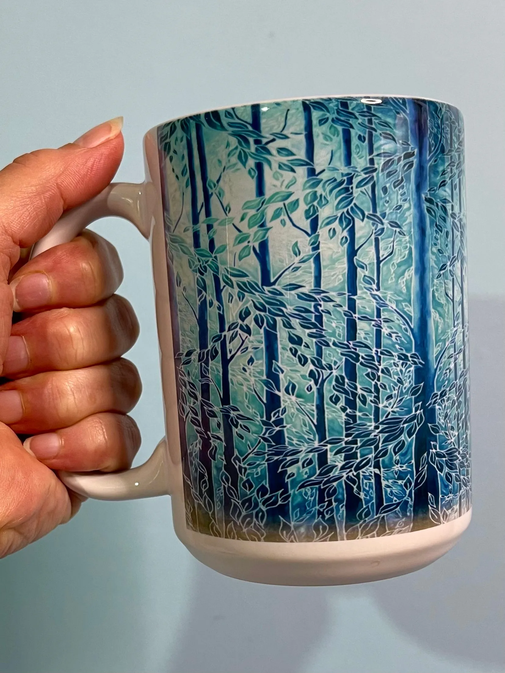 Blue Teal Trees Mug and Coaster - Extra Large & Regular Mug Sizes Woodland Lovers Mug Gift Box Set -