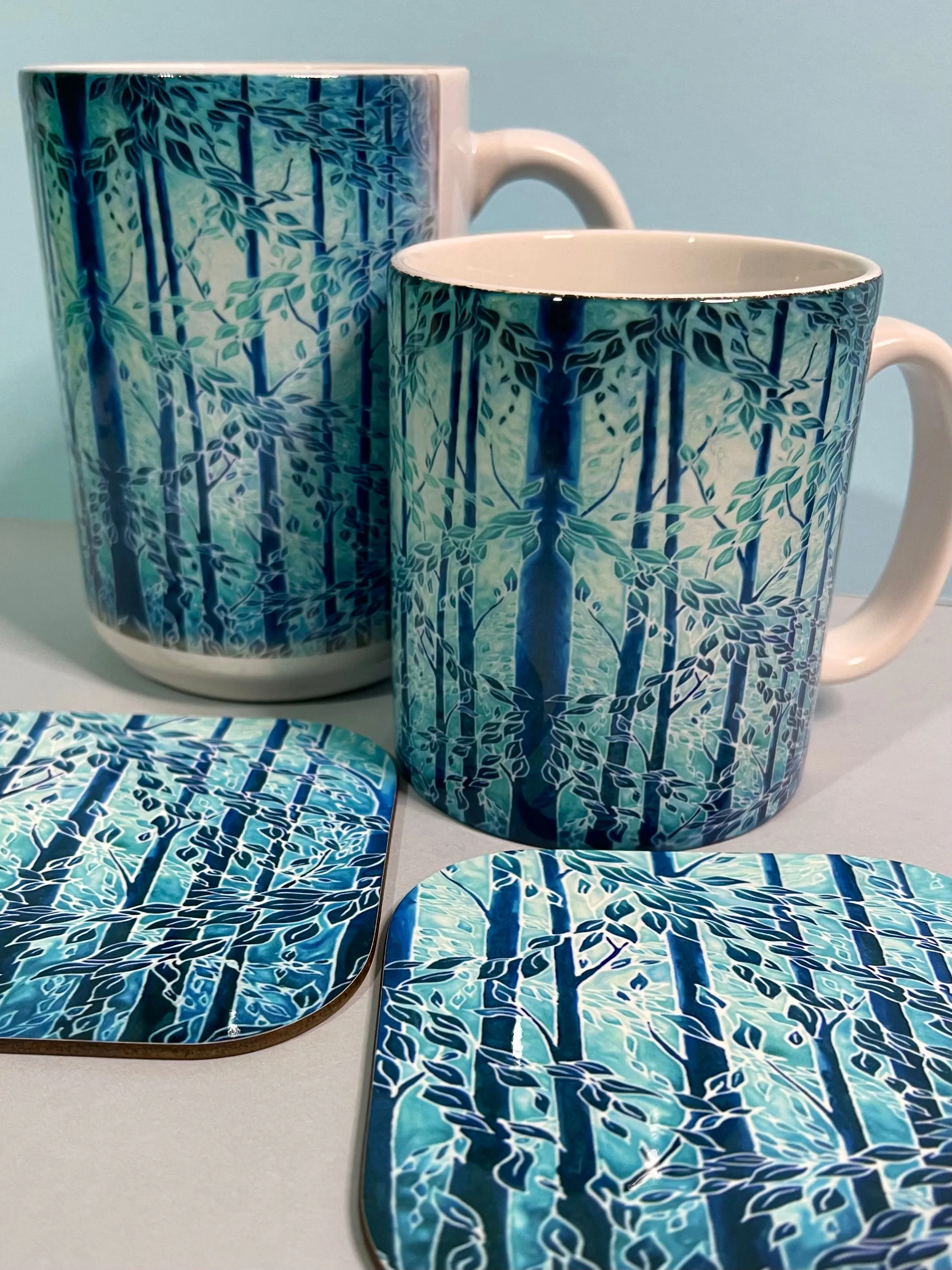 Blue Teal Trees Mug and Coaster - Extra Large & Regular Mug Sizes Woodland Lovers Mug Gift Box Set -