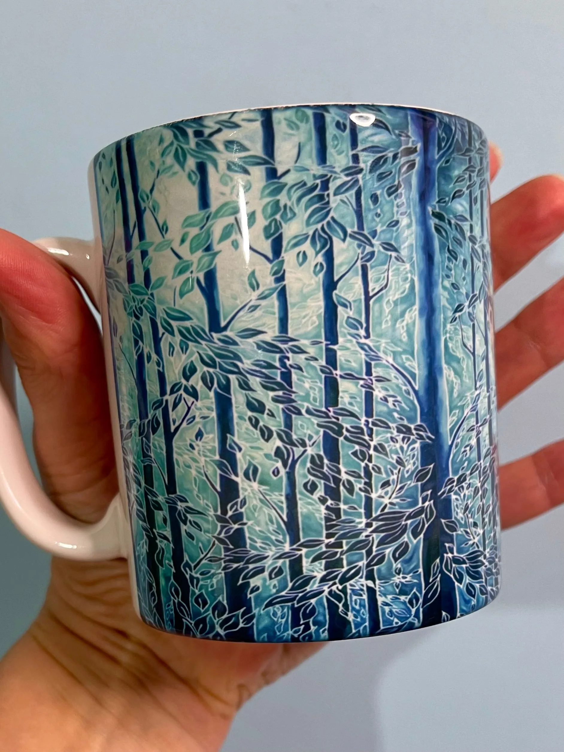 Blue Teal Trees Mug and Coaster - Extra Large & Regular Mug Sizes Woodland Lovers Mug Gift Box Set -