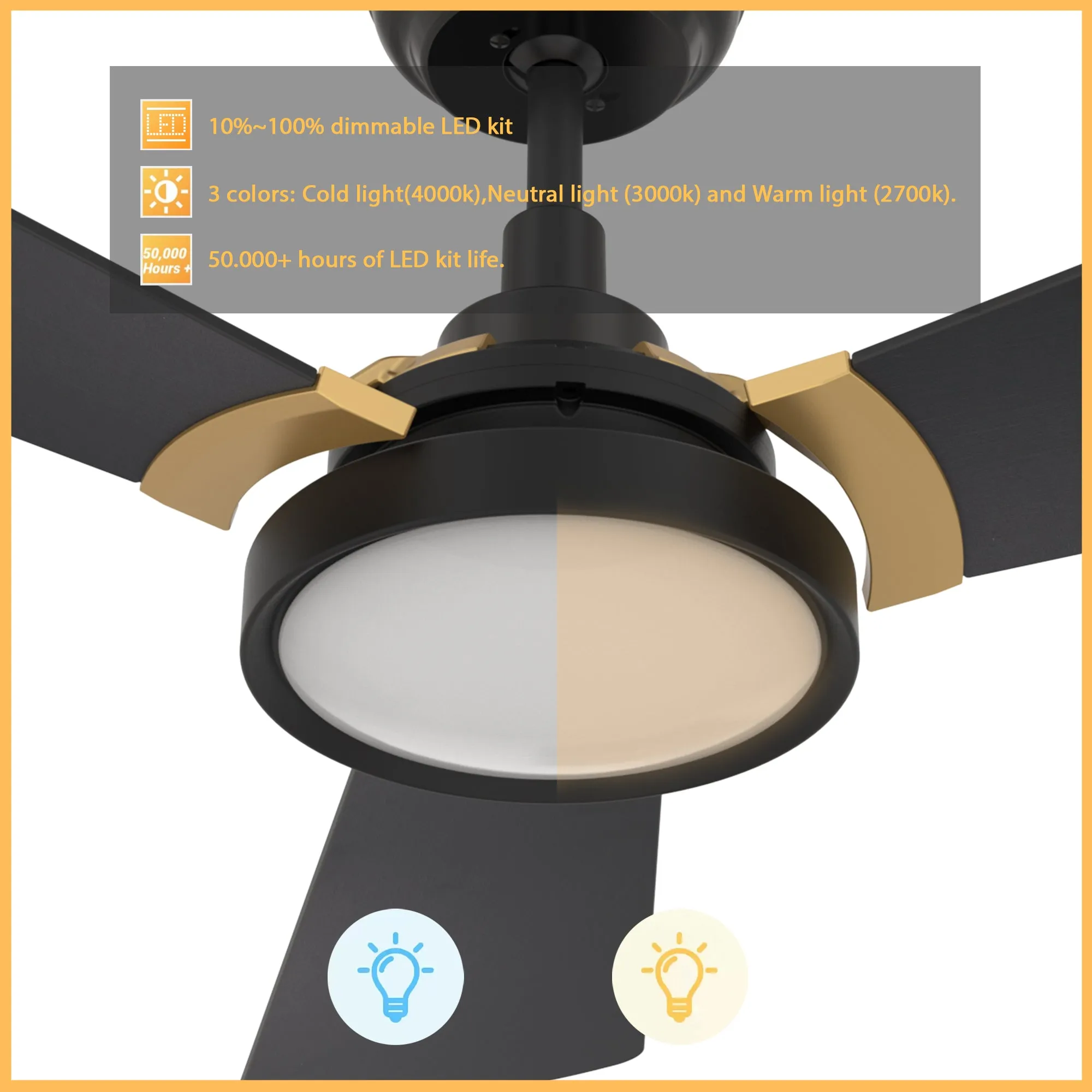 BRISA 52 inch 3-Blade Smart Ceiling Fan with LED Light & Remote Control - Black/Black (Gold Details)