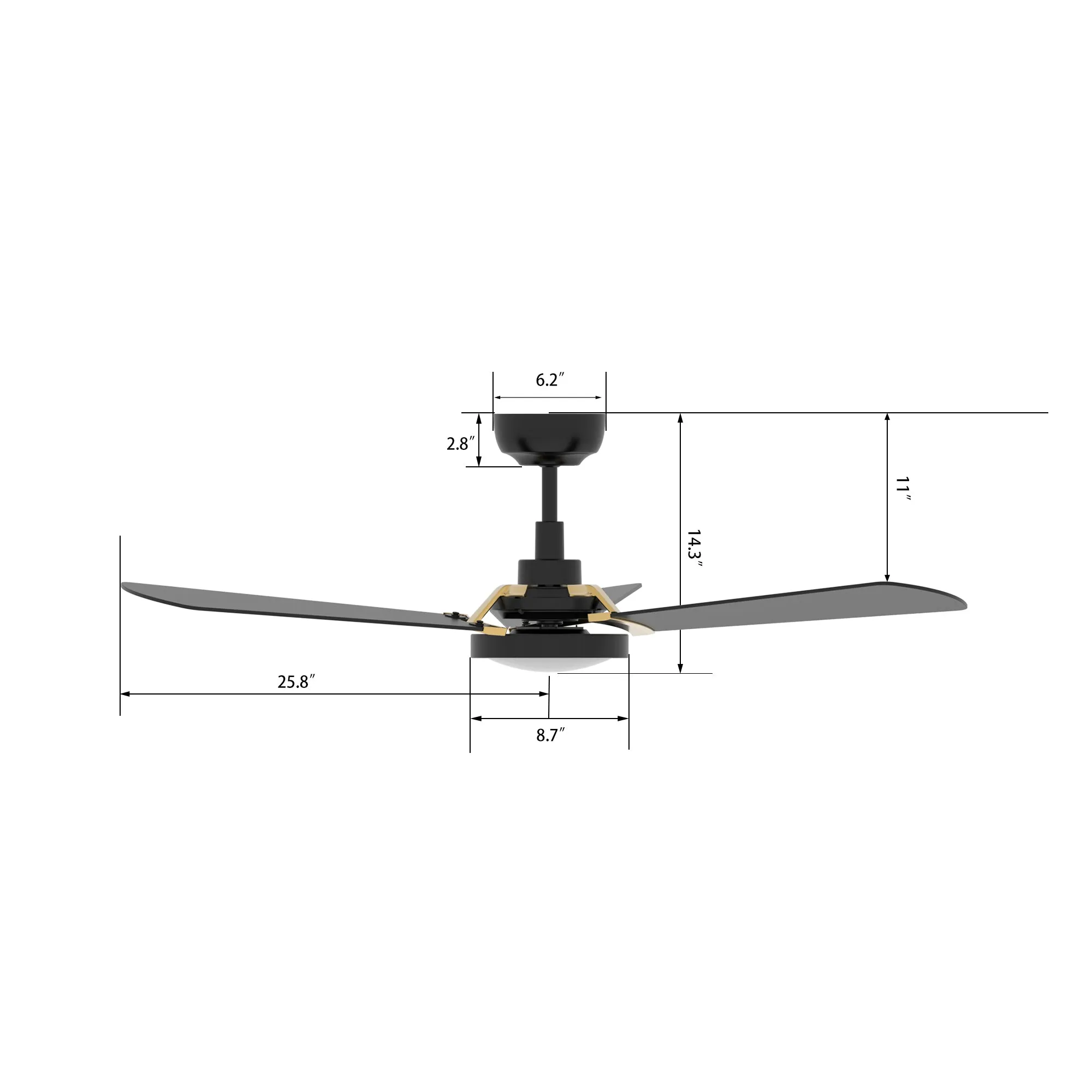 BRISA 52 inch 3-Blade Smart Ceiling Fan with LED Light & Remote Control - Black/Black (Gold Details)