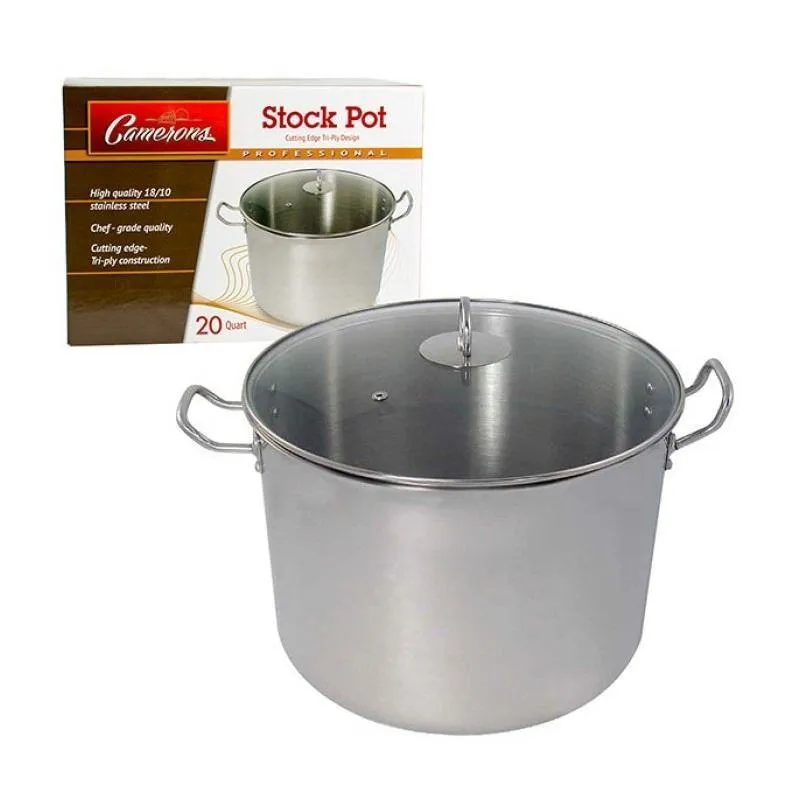 Cameron's 20 Quart Stainless Steel Stock Soup Pot with Aluminum Disc Base and Tempered Glass Lid