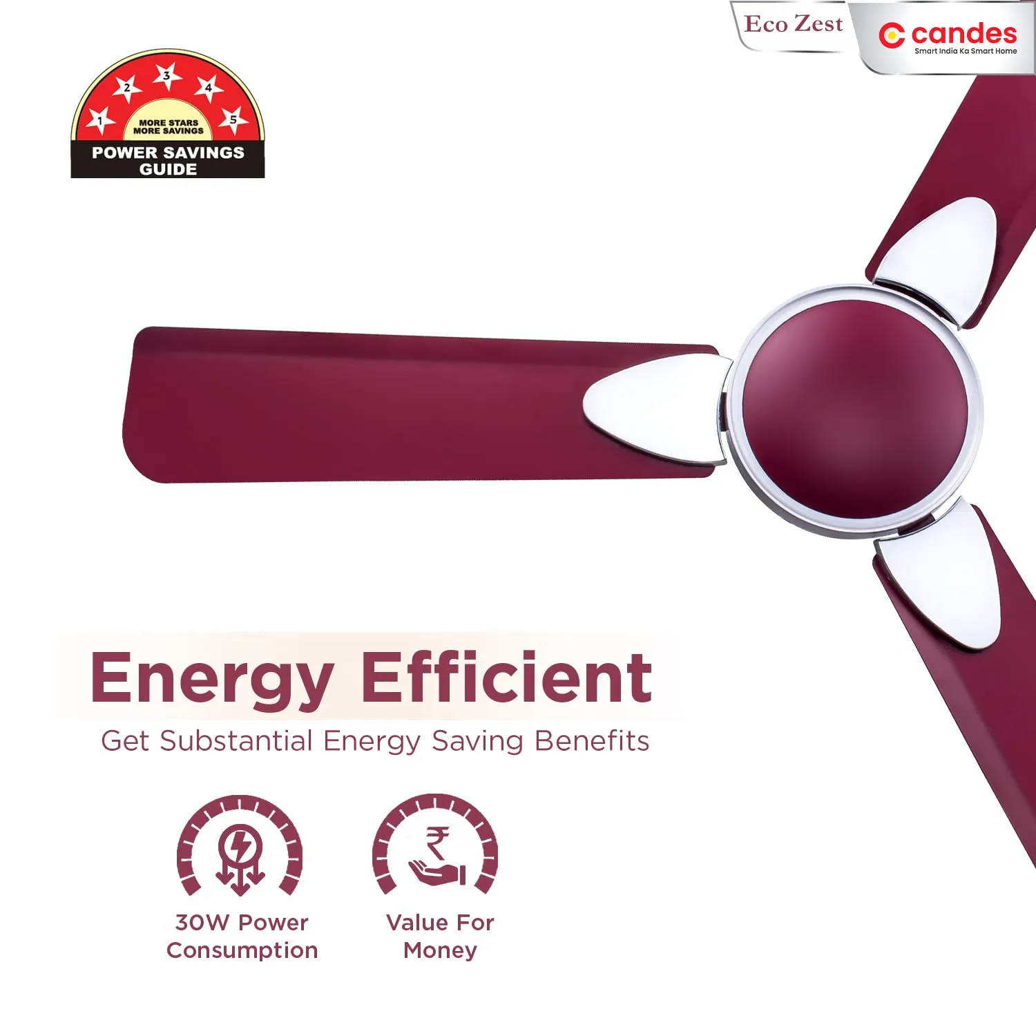 Candes Eco Zest Energy saving Designer 1200 mm / 48 inch Anti-Rust BLDC Ceiling Fan With Remote (2 Years Warranty) (Maroon)