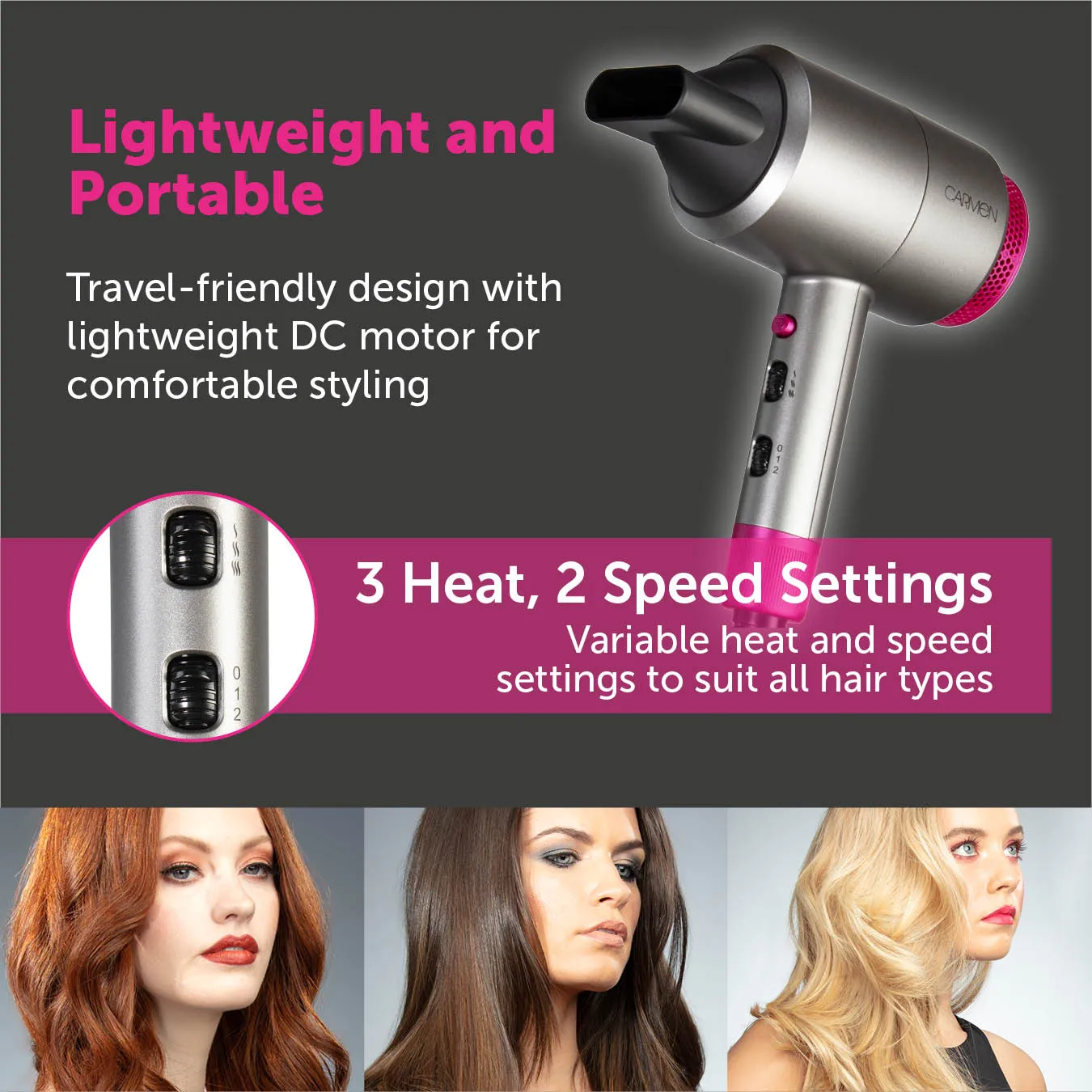 Carmen Professional Hair Dryer Neon DC - Graphite / Pink