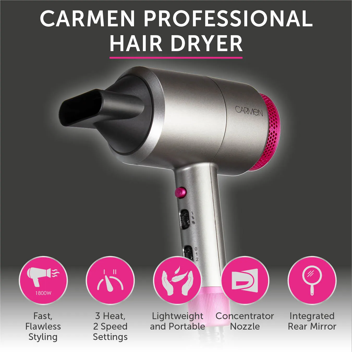 Carmen Professional Hair Dryer Neon DC - Graphite / Pink