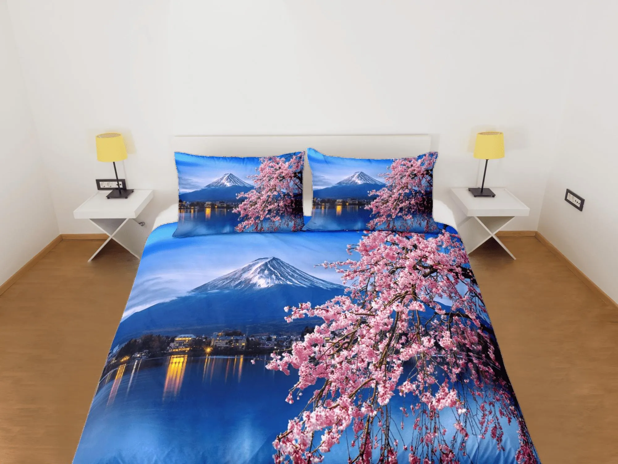 Cherry blossoms and mt. fuji printed bedding, japanese duvet cover set for king, queen, full, twin, single, toddler, zipper bedding