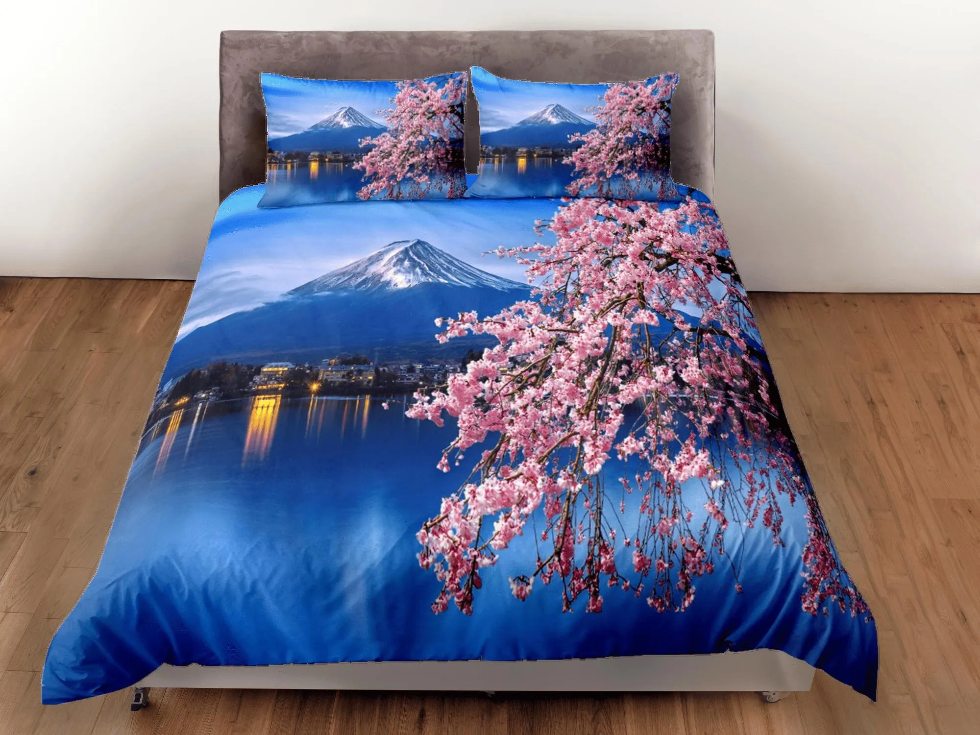 Cherry blossoms and mt. fuji printed bedding, japanese duvet cover set for king, queen, full, twin, single, toddler, zipper bedding