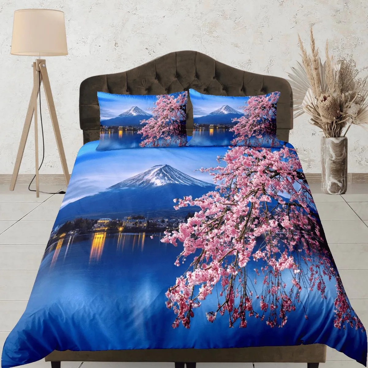 Cherry blossoms and mt. fuji printed bedding, japanese duvet cover set for king, queen, full, twin, single, toddler, zipper bedding