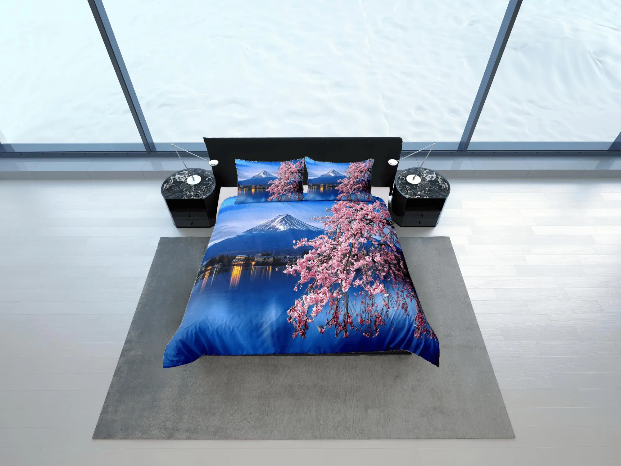 Cherry blossoms and mt. fuji printed bedding, japanese duvet cover set for king, queen, full, twin, single, toddler, zipper bedding