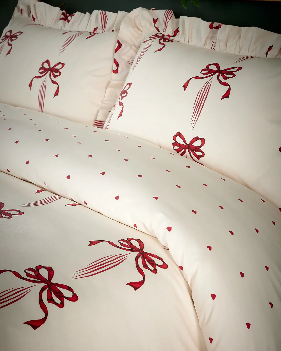 Cotton Christmas Ribbon Bow Print Frill Bedding Set