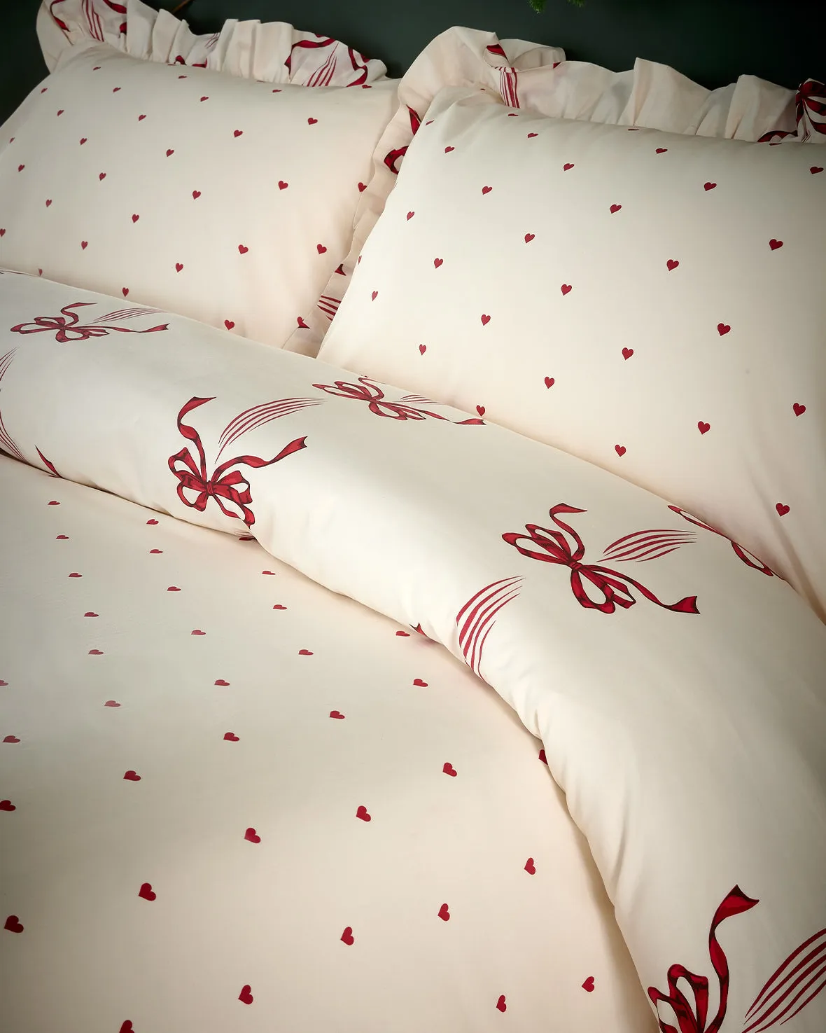 Cotton Christmas Ribbon Bow Print Frill Bedding Set