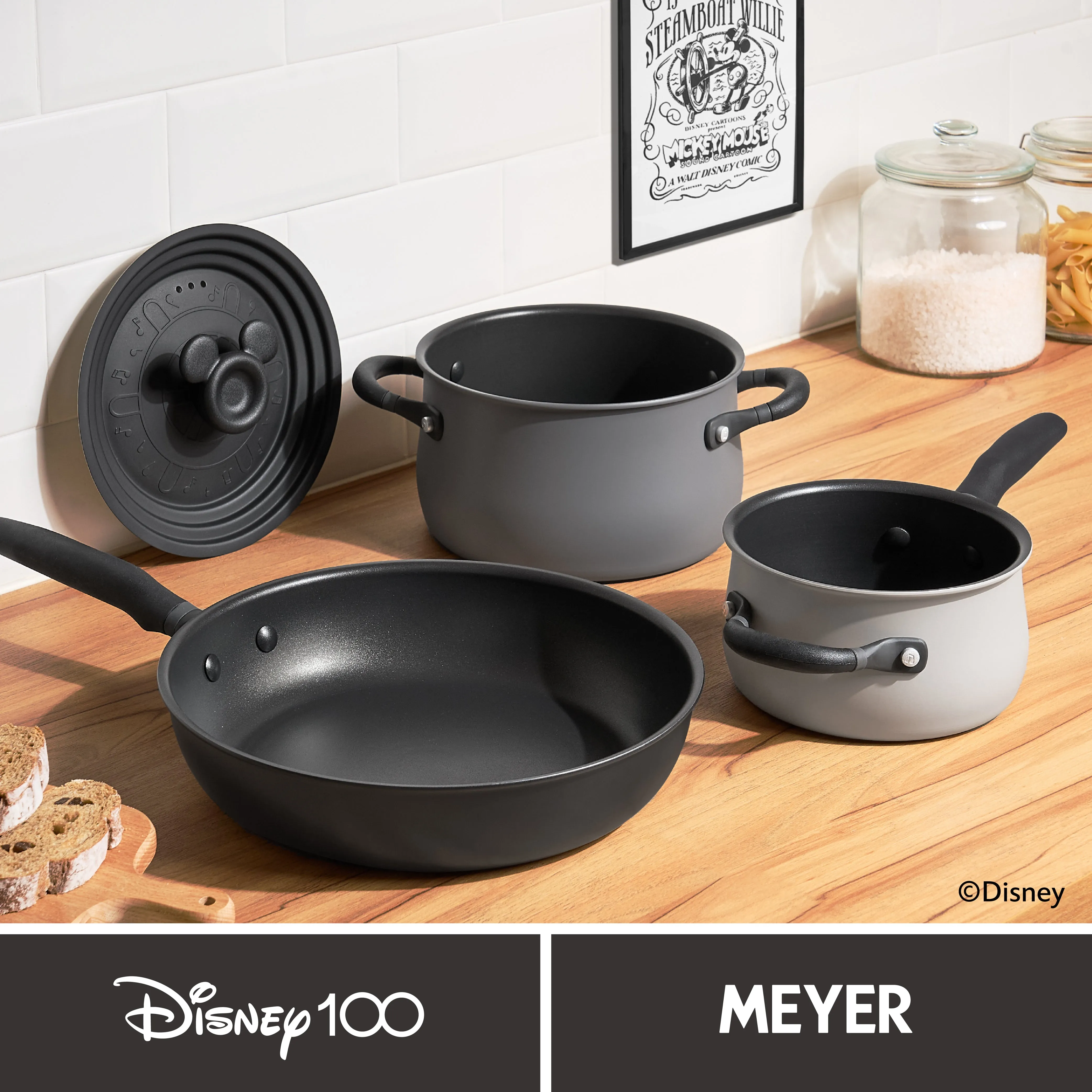 Disney 100 Anniversary Steamboat Willie Stackable Non-Stick Pan Set - 4 Pieces