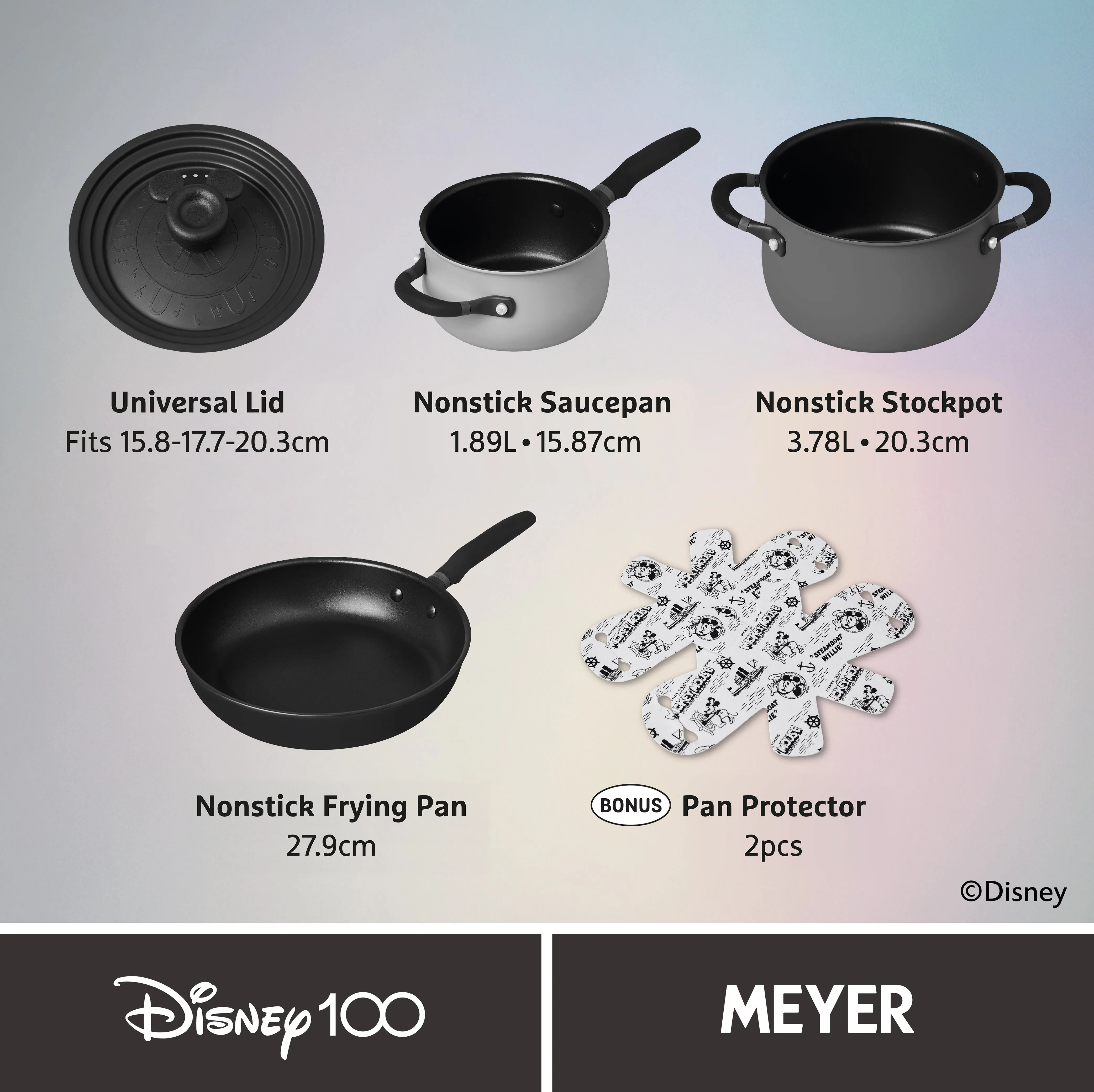 Disney 100 Anniversary Steamboat Willie Stackable Non-Stick Pan Set - 4 Pieces