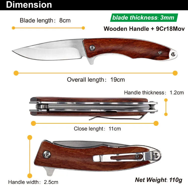 Durable 9Cr18Mov Folding Knife With Wooden Handle Outdoor Pocket Knife Tactical Hunting Survival Camping Edc Knife