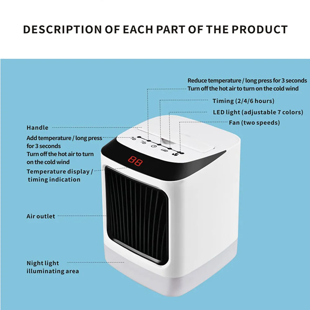 Electric Desktop Room Space Heater With LED RGB light/Digital Temp Display, Electric Handy Fan Heater