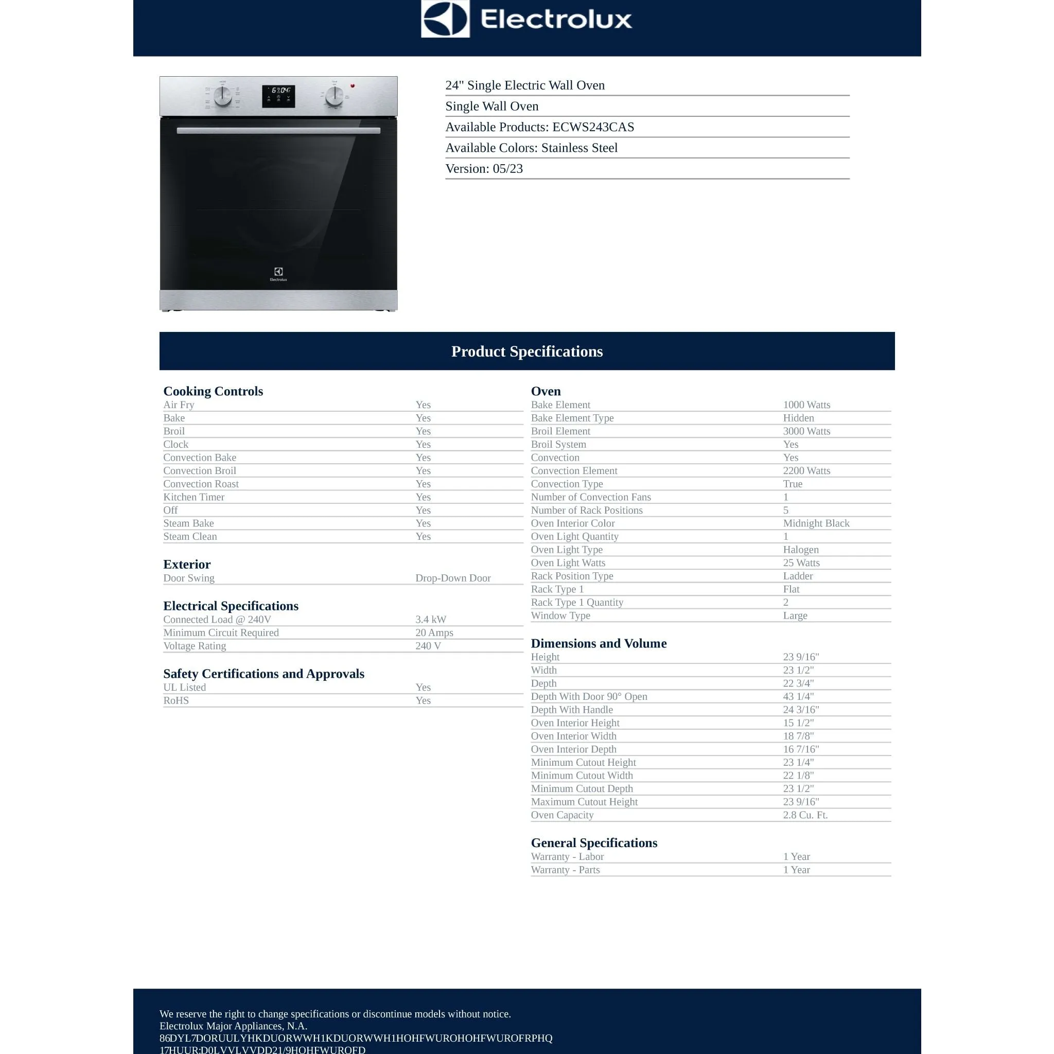 Electrolux 24" Wall Oven (ECWS243CAS) - Stainless Steel