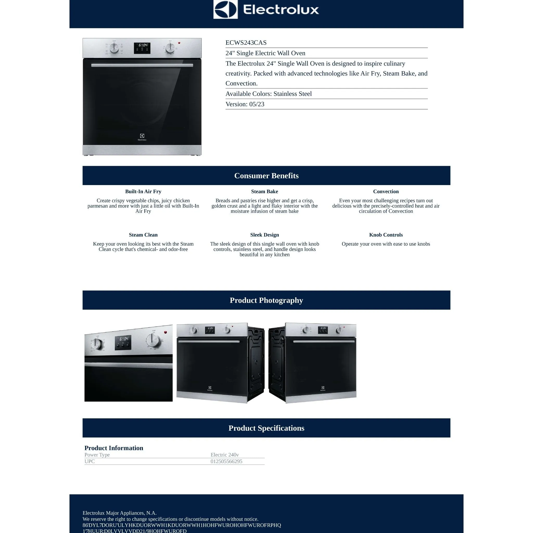 Electrolux 24" Wall Oven (ECWS243CAS) - Stainless Steel