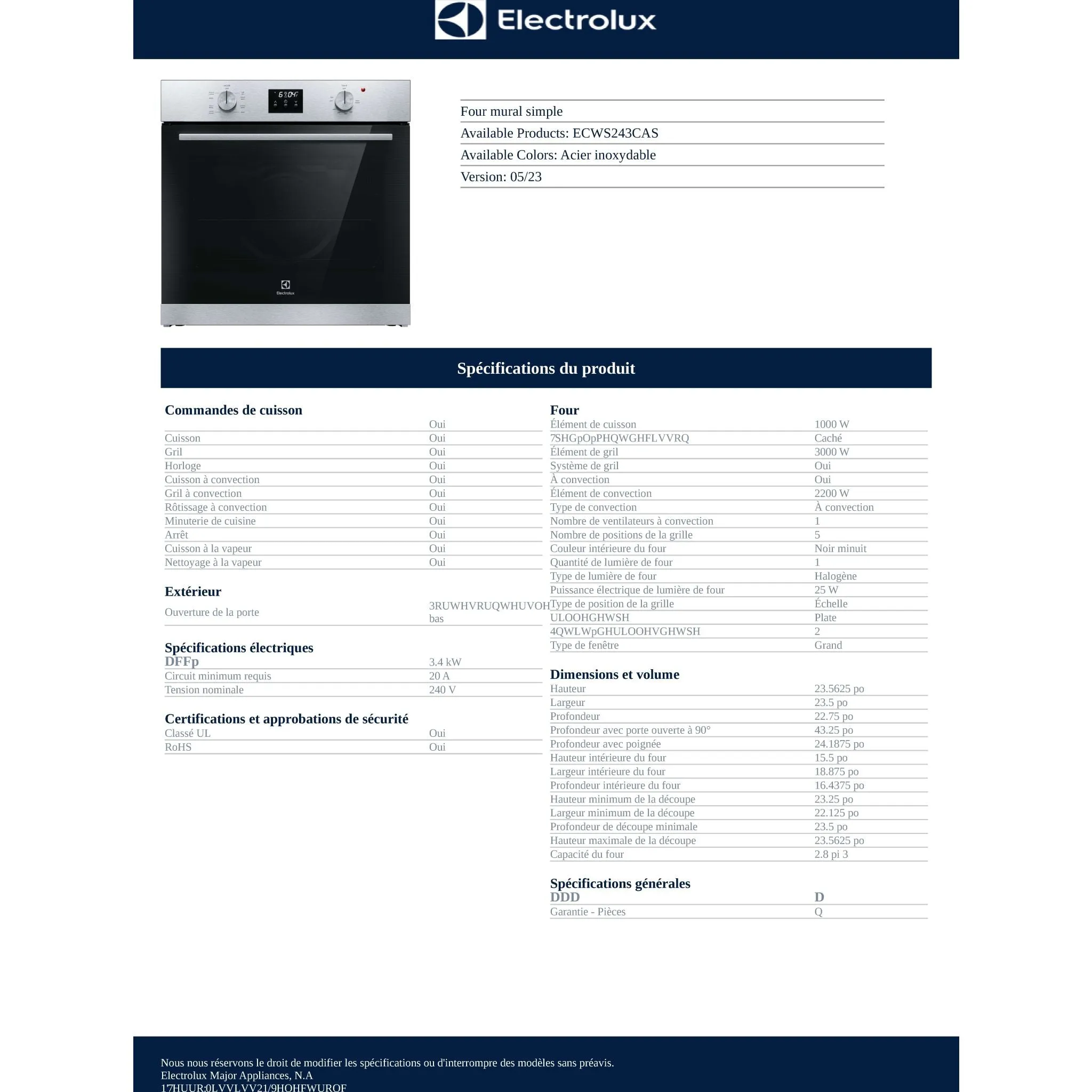 Electrolux 24" Wall Oven (ECWS243CAS) - Stainless Steel