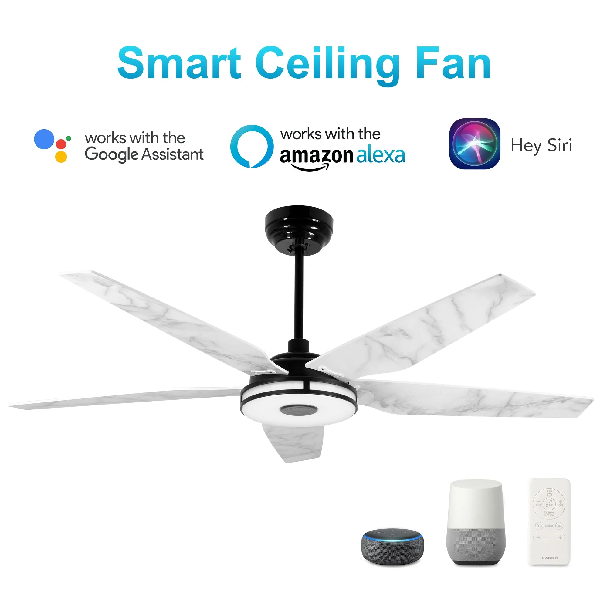 ELIRA 52 inch 5-Blade Smart Ceiling Fan with LED Light Kit & Remote - Black/Marble Pattern