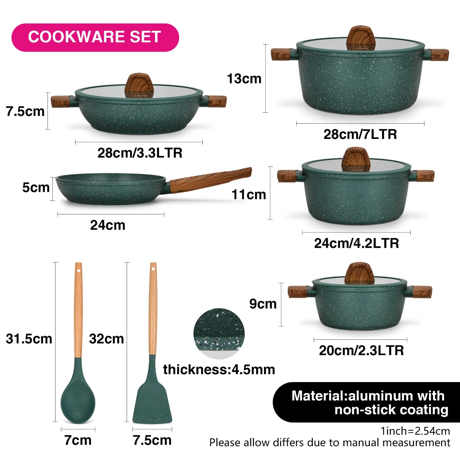 Fissman 11 Piece Cookware Set Falak Aluminium with Non Stick Coating Stockpot 20cm,24cm,28cm, Shallow Casserole 28cm, Frying Pan 24cm   Cooking Spoon And Turner