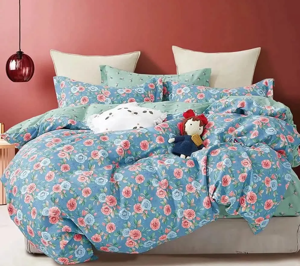 Floral Harmony 100% Cotton Reversible Comforter Set in Tranquil Blue/Blushing Rose Design