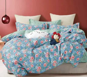 Floral Harmony 100% Cotton Reversible Comforter Set in Tranquil Blue/Blushing Rose Design