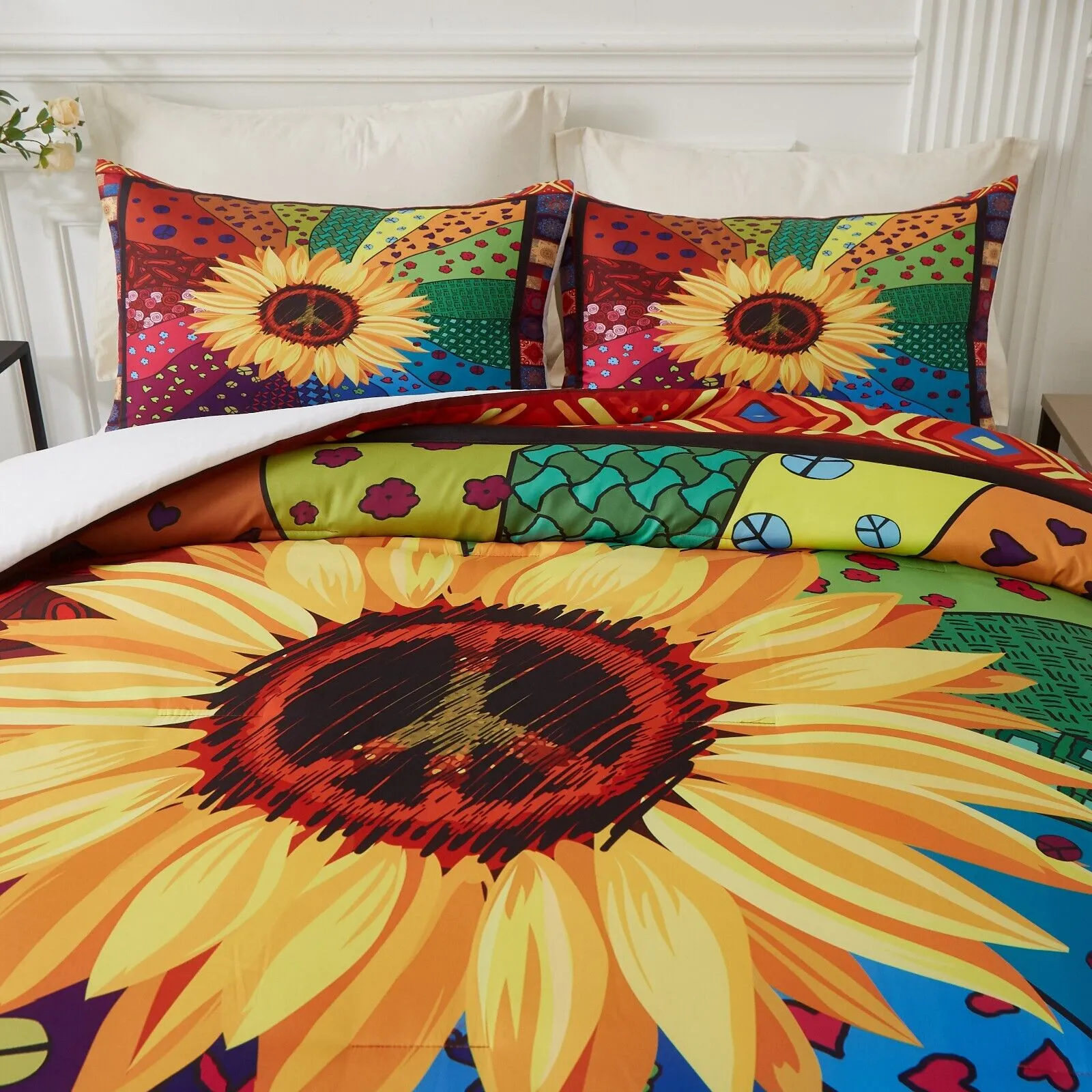 Floral Sunflower Comforter Set, King Size, Quilted Bedding with Pillowcases