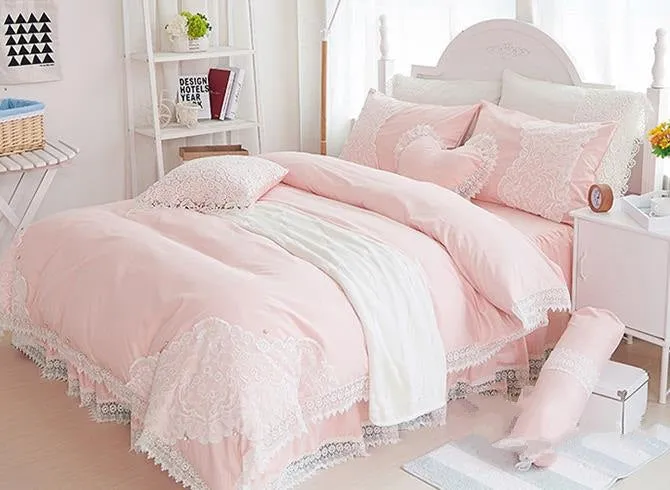 Full Stylish Lace Dreamy Pink Luxury 4-Piece Cotton Bedding Sets/Duvet Cover