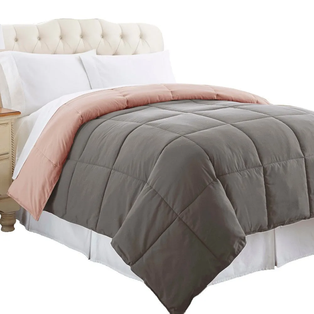 Genoa King Size Box Quilted Reversible Comforter By Casagear Home, Gray and Pink