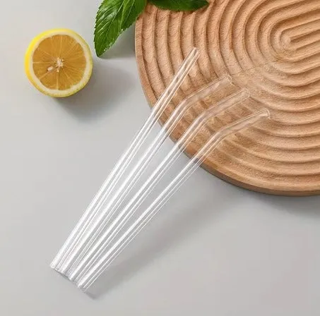 Glass Drinking Straws Curved & Straight Transparent Reusable   Cleaning Brush