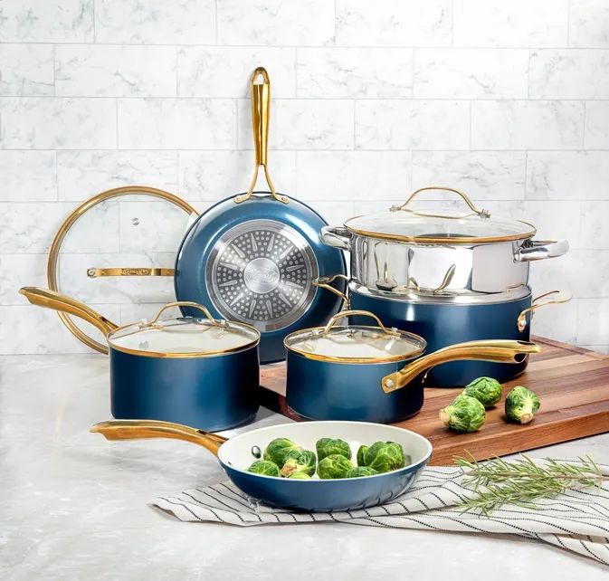 Gotham Steel Blue/Cream Gold Handles 15 Piece Cookware Set