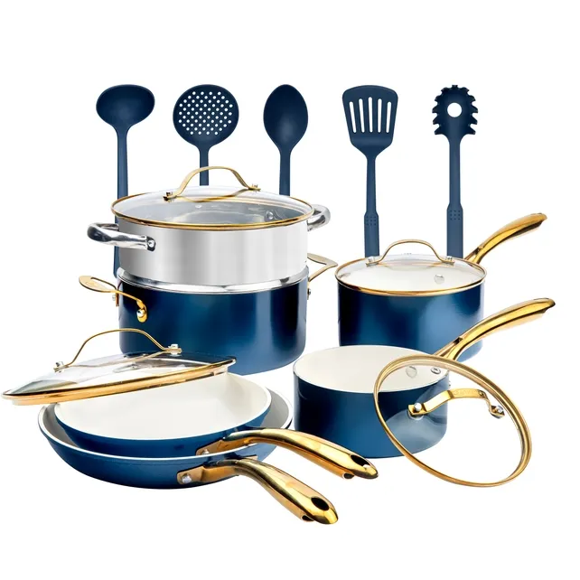 Gotham Steel Blue/Cream Gold Handles 15 Piece Cookware Set