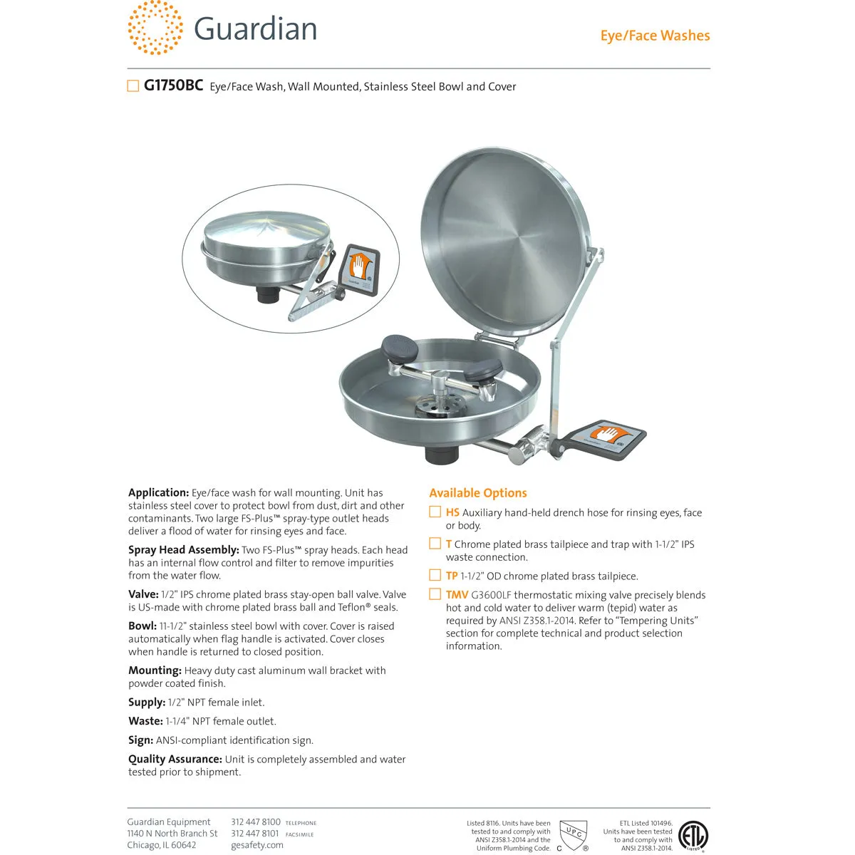 Guardian G1750BC Wall Mount Eye/Face Wash Station, SS Bowl and Cover