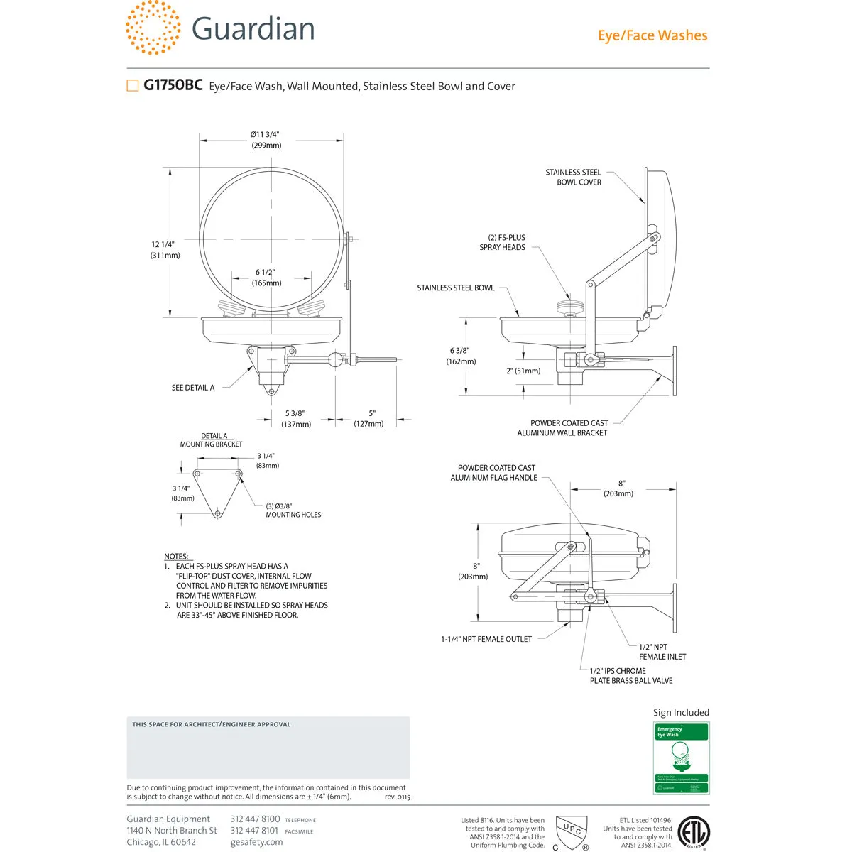 Guardian G1750BC Wall Mount Eye/Face Wash Station, SS Bowl and Cover