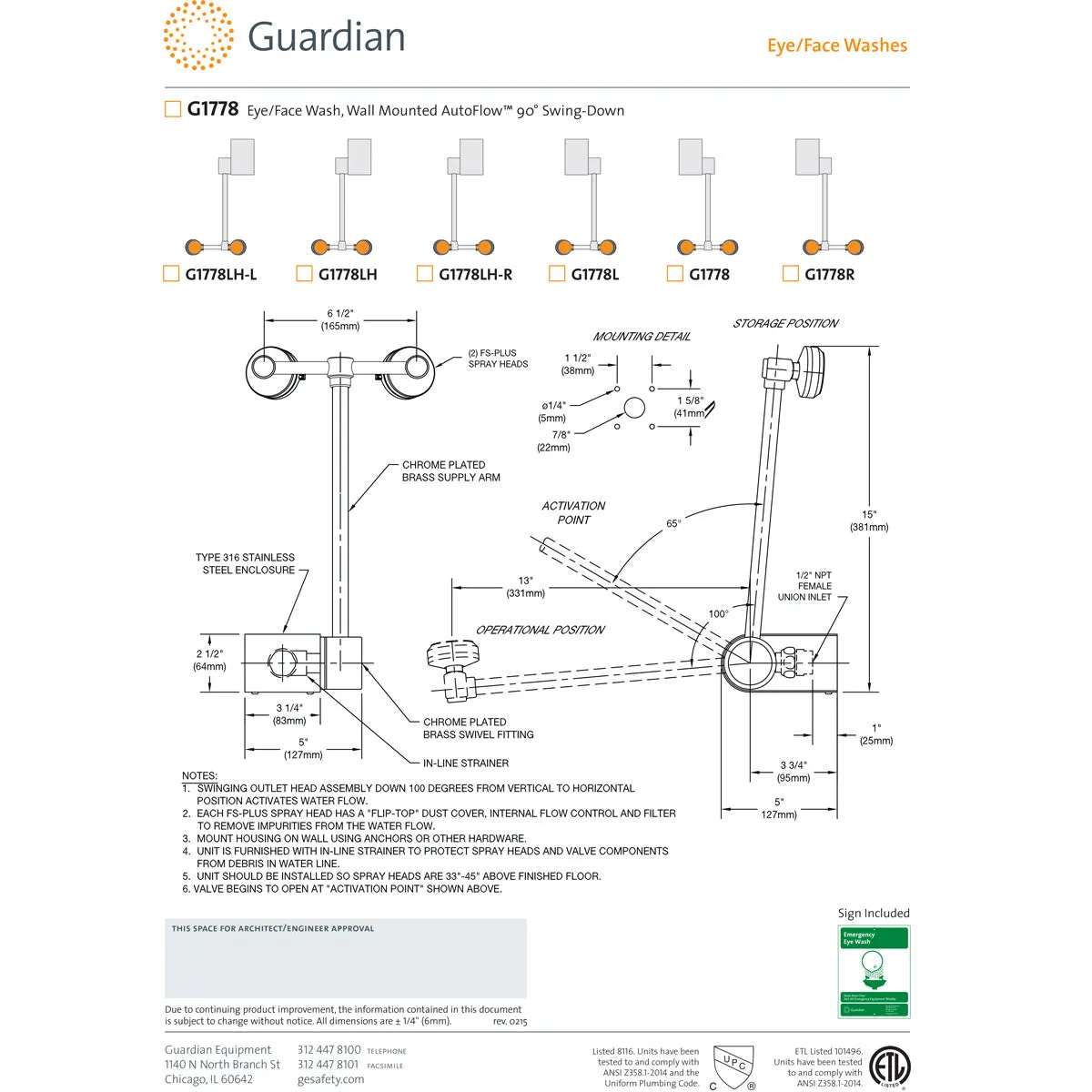 Guardian G1778LH Eye/Face Wash, Wall Mounted Swing-Down