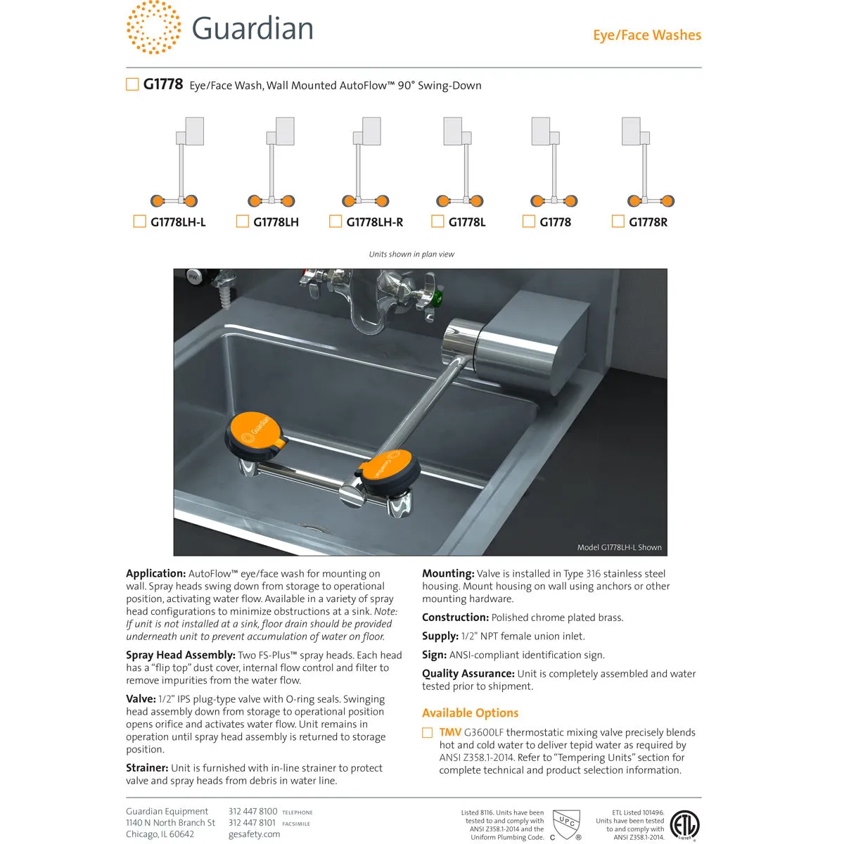 Guardian G1778LH Eye/Face Wash, Wall Mounted Swing-Down