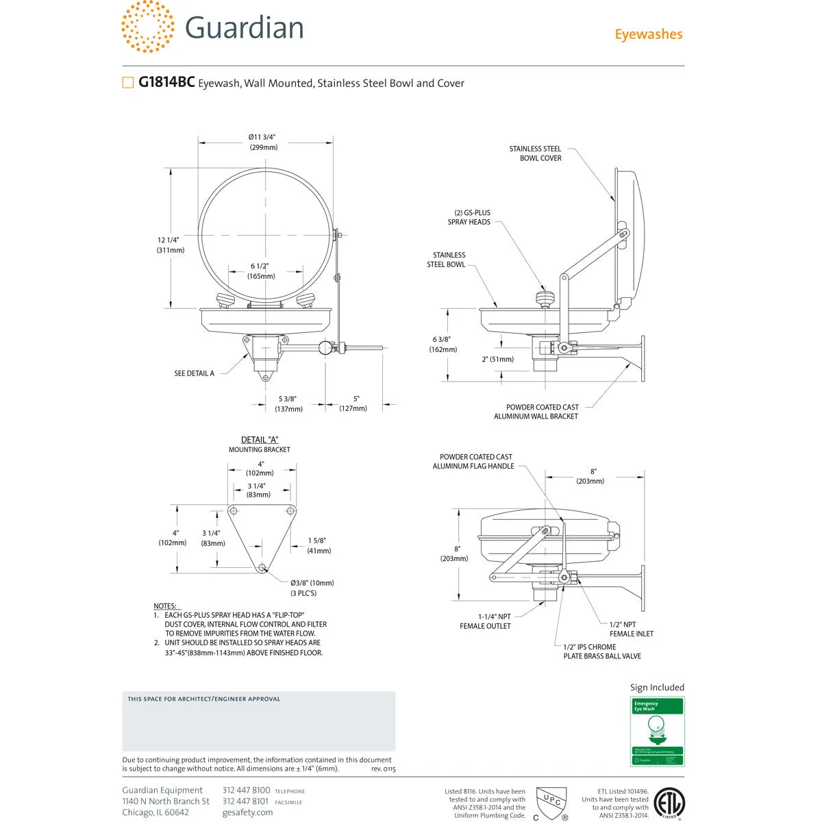 Guardian G1814BC Eyewash, Wall Mounted, Stainless Steel Bowl and Cover