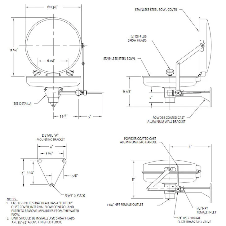 Guardian G1814BC Eyewash, Wall Mounted, Stainless Steel Bowl and Cover