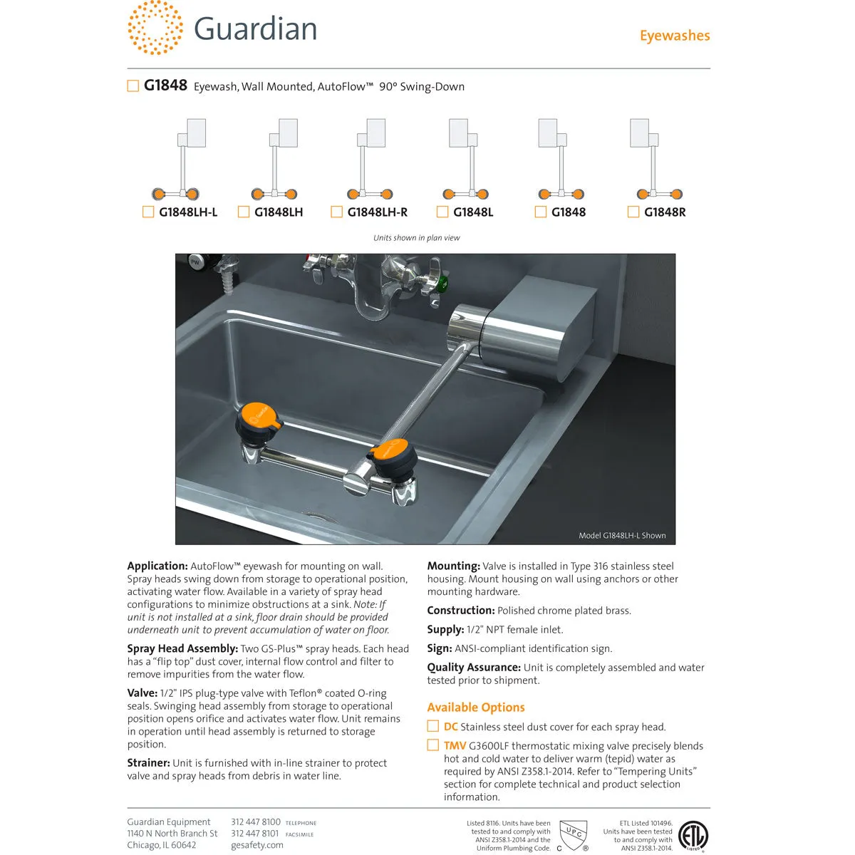 Guardian G1848LH Eyewash Station, Wall Mounted, Swing-Down, Left