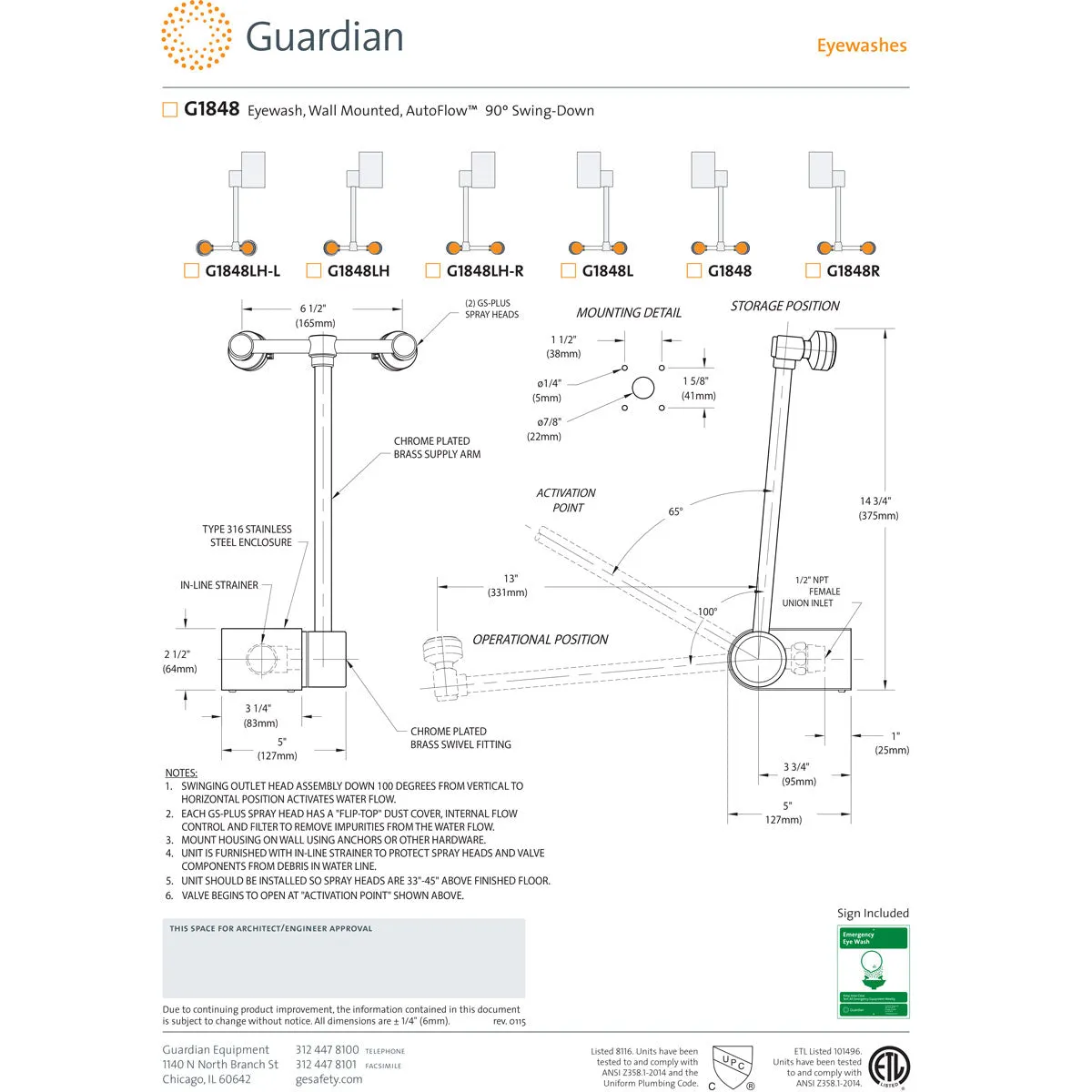 Guardian G1848LH Eyewash Station, Wall Mounted, Swing-Down, Left