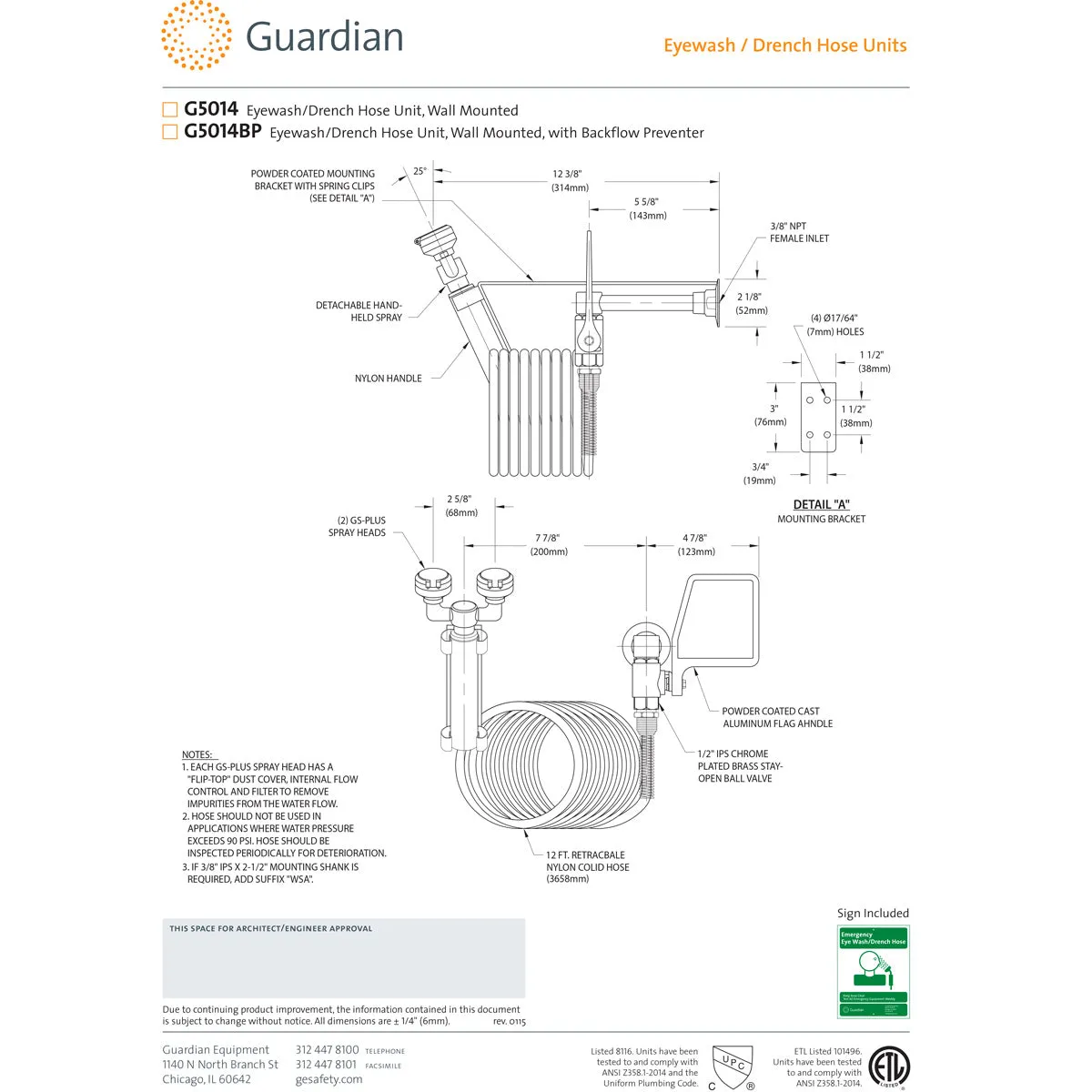 Guardian G5014 Eyewash/Drench Hose Unit, Wall Mounted