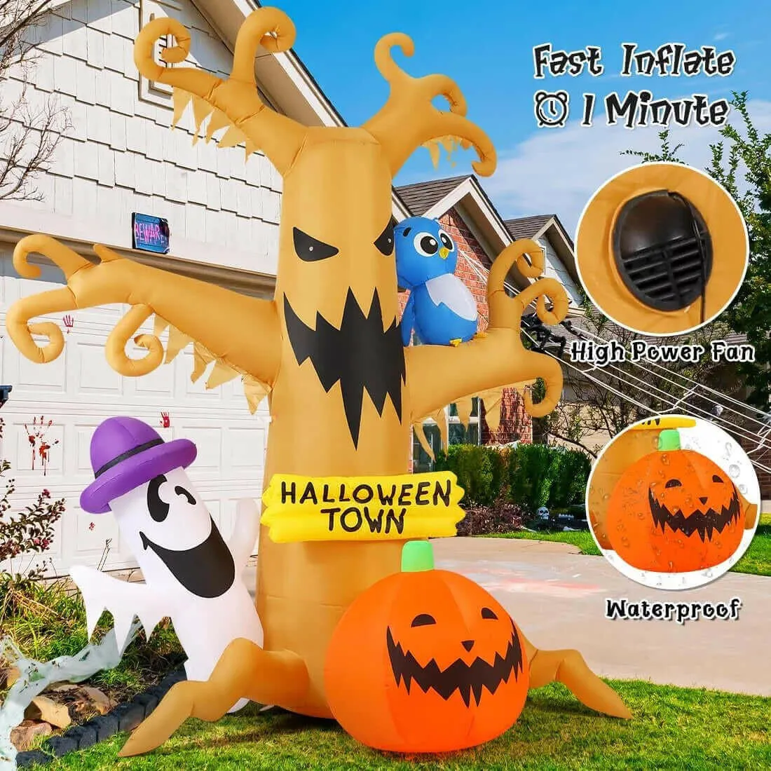 Halloween Inflatables 8 FT Halloween Inflatable Tree with Ghost Pumpkin and Owl, Halloween Dead Tree Decorations Scary Halloween Decorations with Built-In Lights for Halloween/Holiday/Party