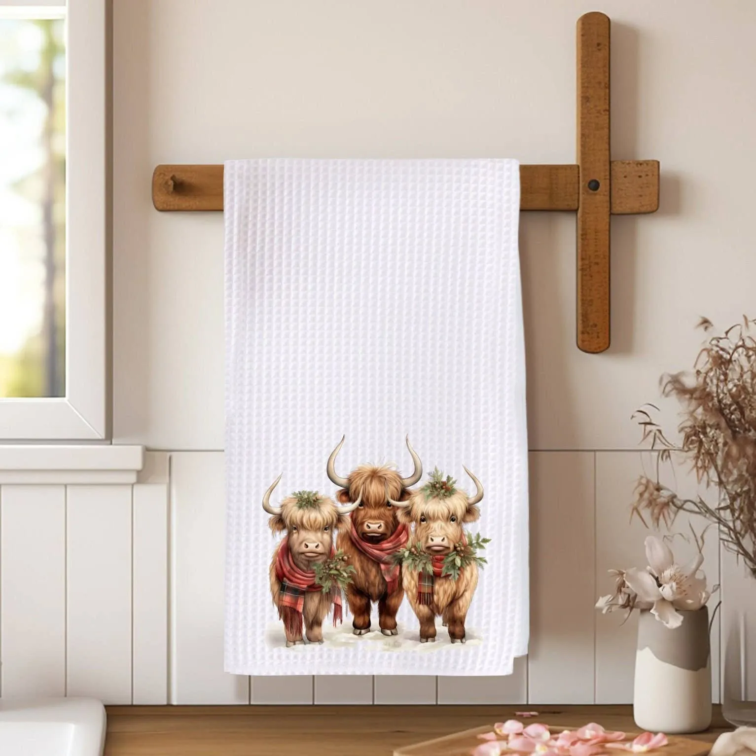 Highland Cow Holiday Waffle Knit Ranch Farmhouse Kitchen Towel