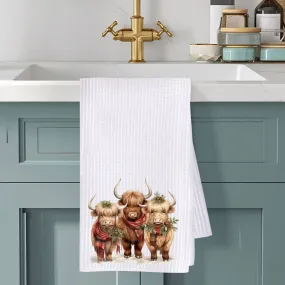 Highland Cow Holiday Waffle Knit Ranch Farmhouse Kitchen Towel