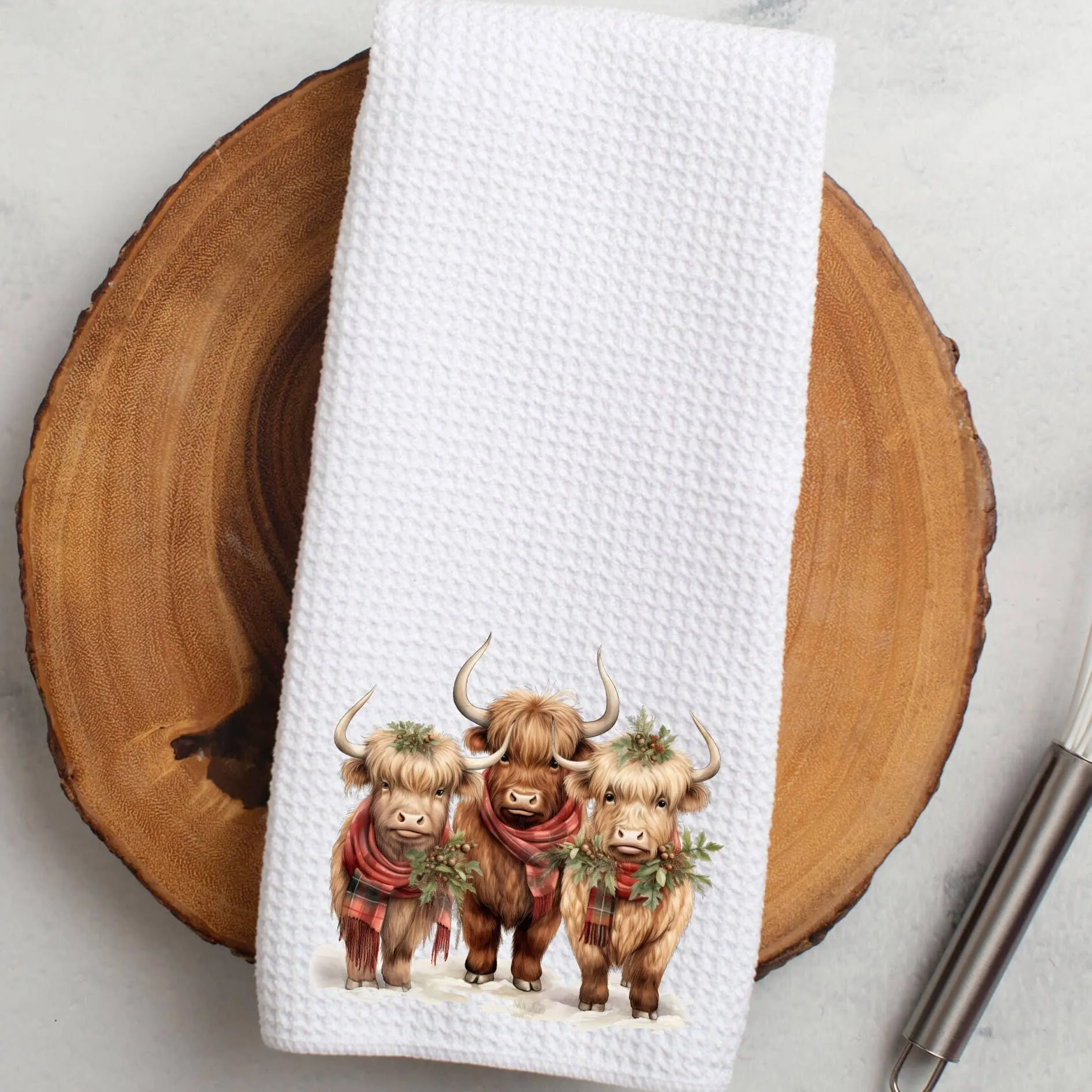 Highland Cow Holiday Waffle Knit Ranch Farmhouse Kitchen Towel