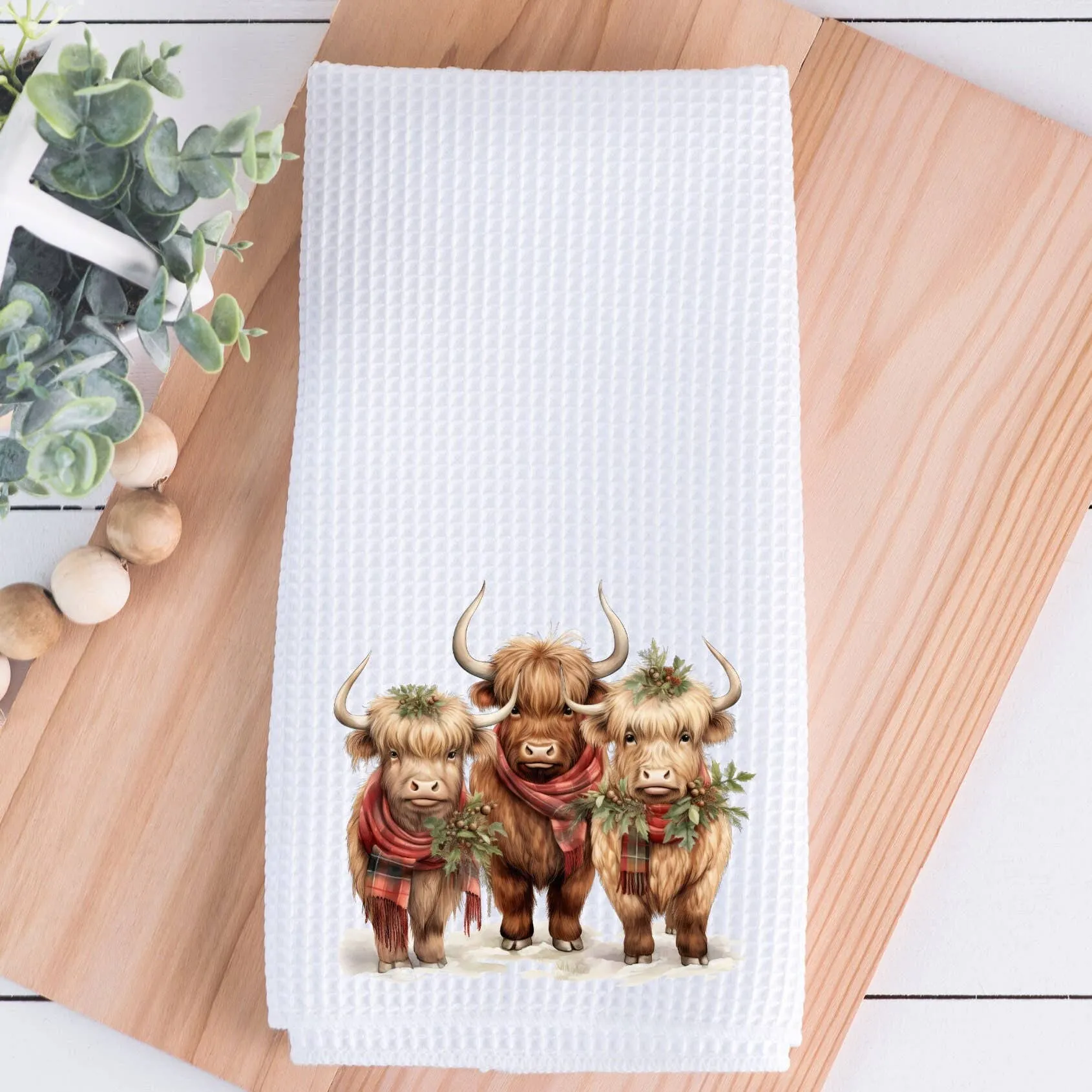 Highland Cow Holiday Waffle Knit Ranch Farmhouse Kitchen Towel